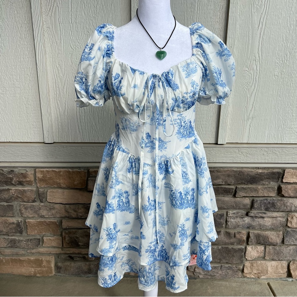 SHEIN Blue and White Toile Print Mini Dress